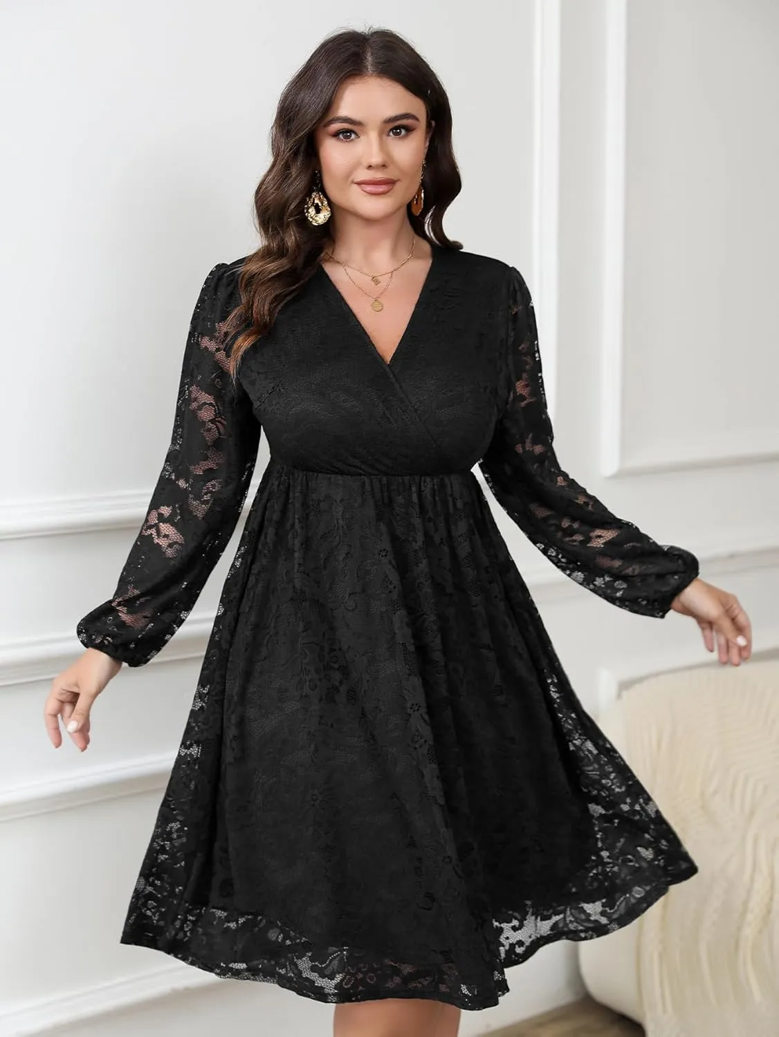 Womens Plus Size Lace Midi Dress V Neck Wrap Long Sleeve Flowy A line Cocktail Dresses for Wedding Guest