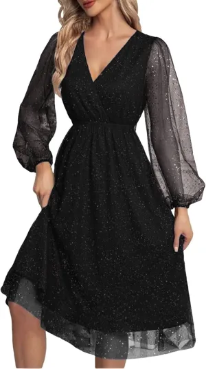 Womens Plus Size Lace Midi Dress V Neck Wrap Long Sleeve Flowy A line Cocktail Dresses for Wedding Guest
