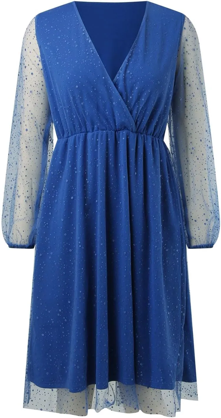 Womens Plus Size Lace Midi Dress V Neck Wrap Long Sleeve Flowy A line Cocktail Dresses for Wedding Guest