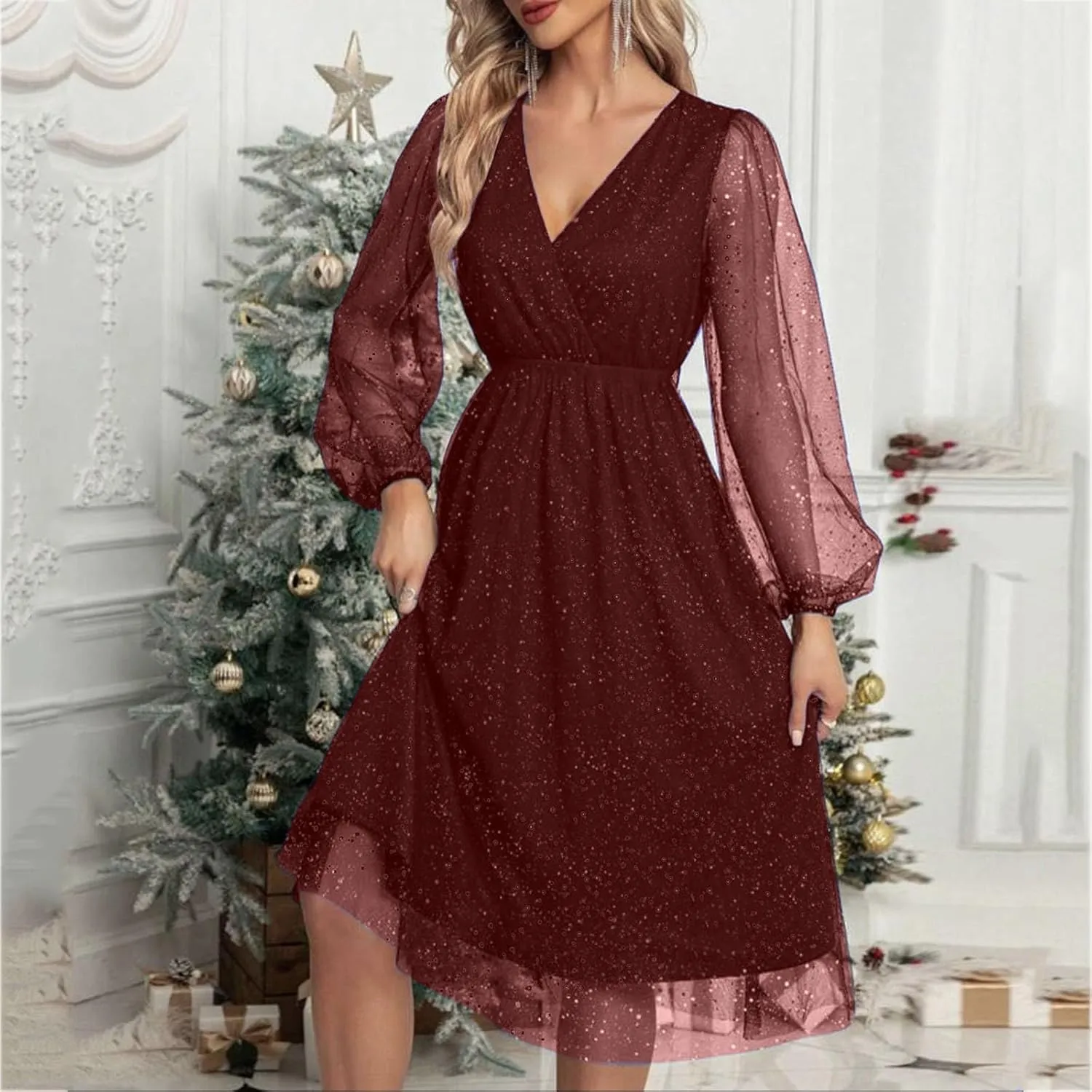 Womens Plus Size Lace Midi Dress V Neck Wrap Long Sleeve Flowy A line Cocktail Dresses for Wedding Guest