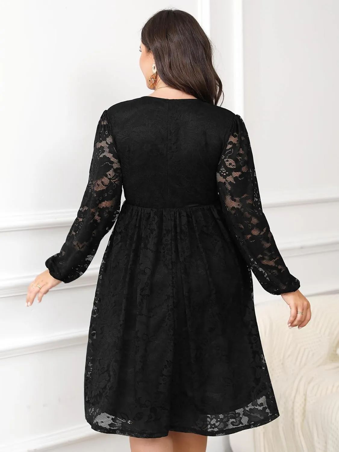 Womens Plus Size Lace Midi Dress V Neck Wrap Long Sleeve Flowy A line Cocktail Dresses for Wedding Guest