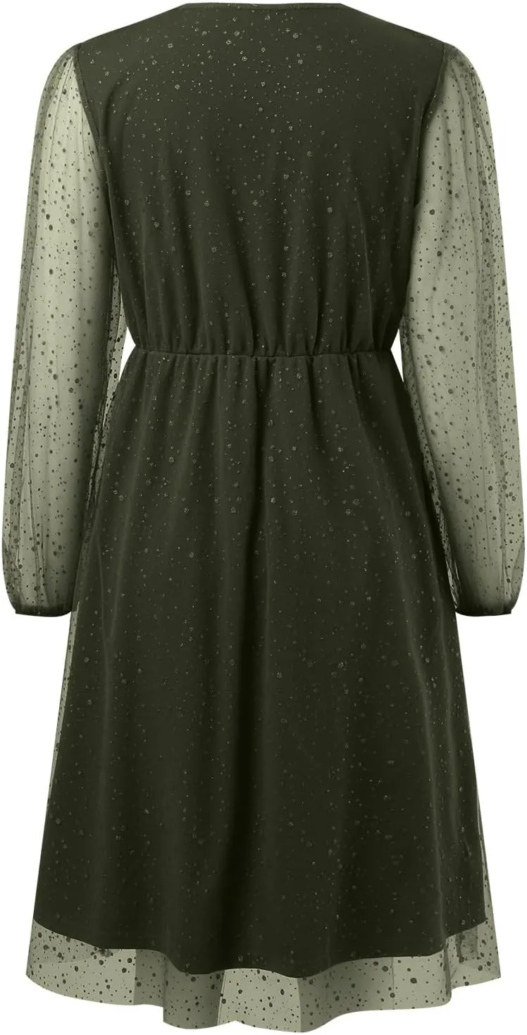 Womens Plus Size Lace Midi Dress V Neck Wrap Long Sleeve Flowy A line Cocktail Dresses for Wedding Guest