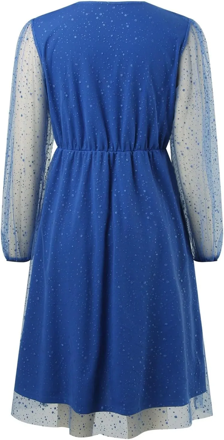 Womens Plus Size Lace Midi Dress V Neck Wrap Long Sleeve Flowy A line Cocktail Dresses for Wedding Guest
