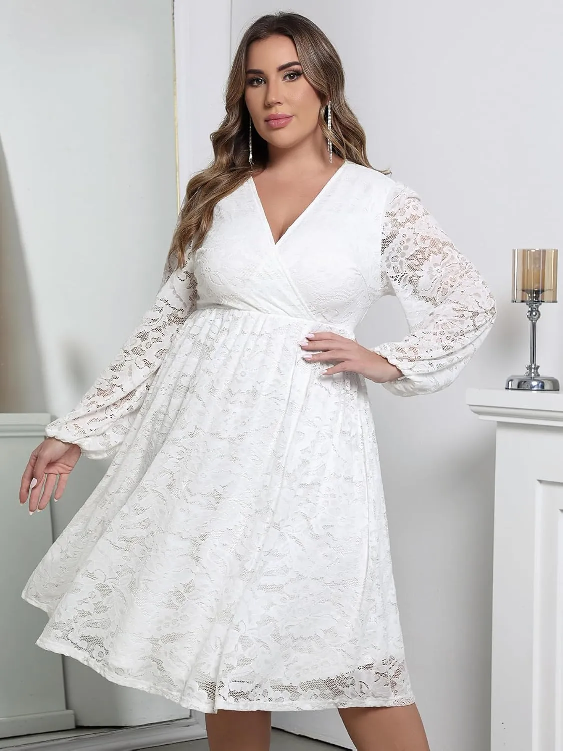Womens Plus Size Lace Midi Dress V Neck Wrap Long Sleeve Flowy A line Cocktail Dresses for Wedding Guest