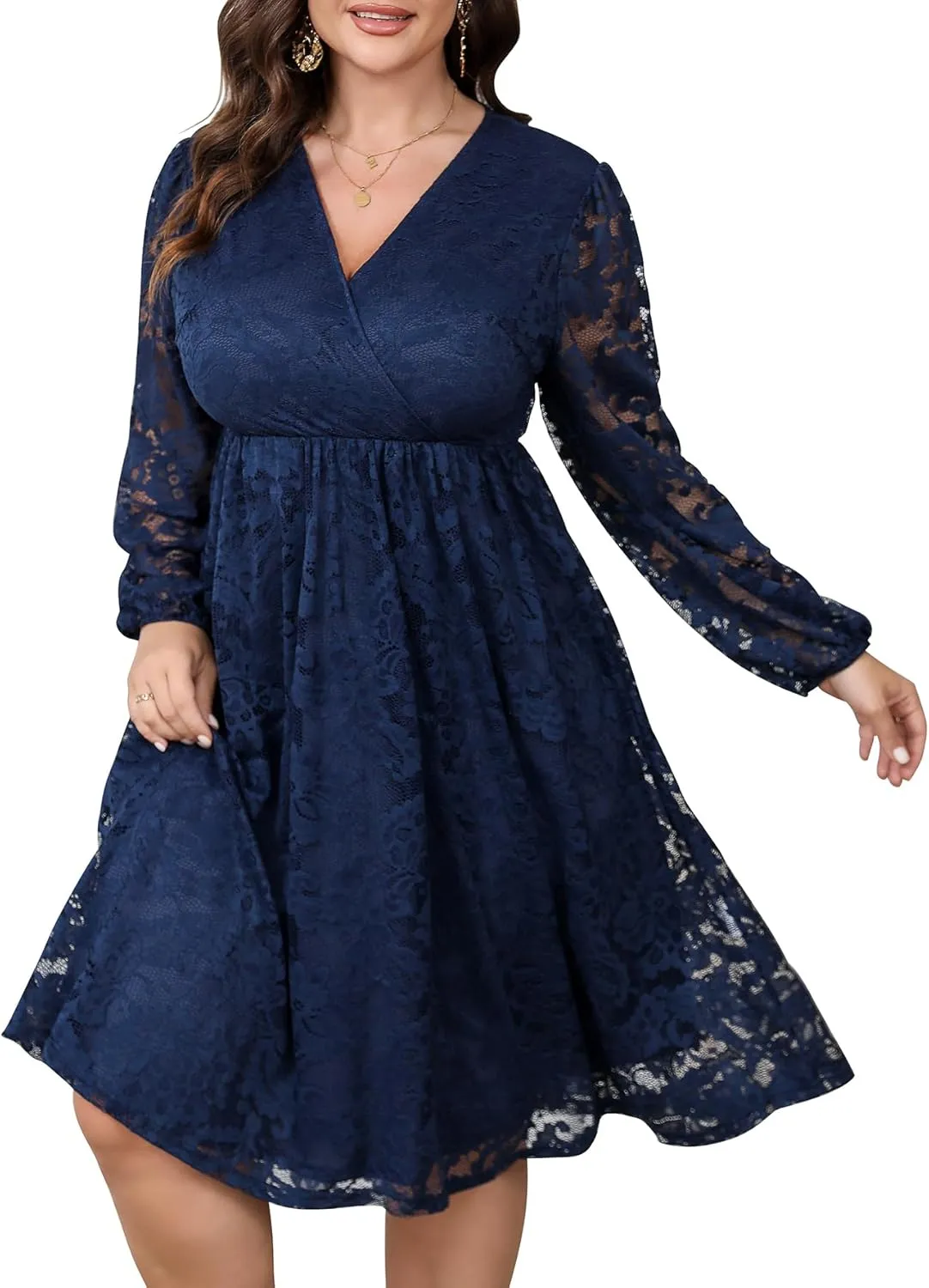 Womens Plus Size Lace Midi Dress V Neck Wrap Long Sleeve Flowy A line Cocktail Dresses for Wedding Guest