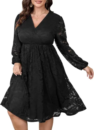 Womens Plus Size Lace Midi Dress V Neck Wrap Long Sleeve Flowy A line Cocktail Dresses for Wedding Guest