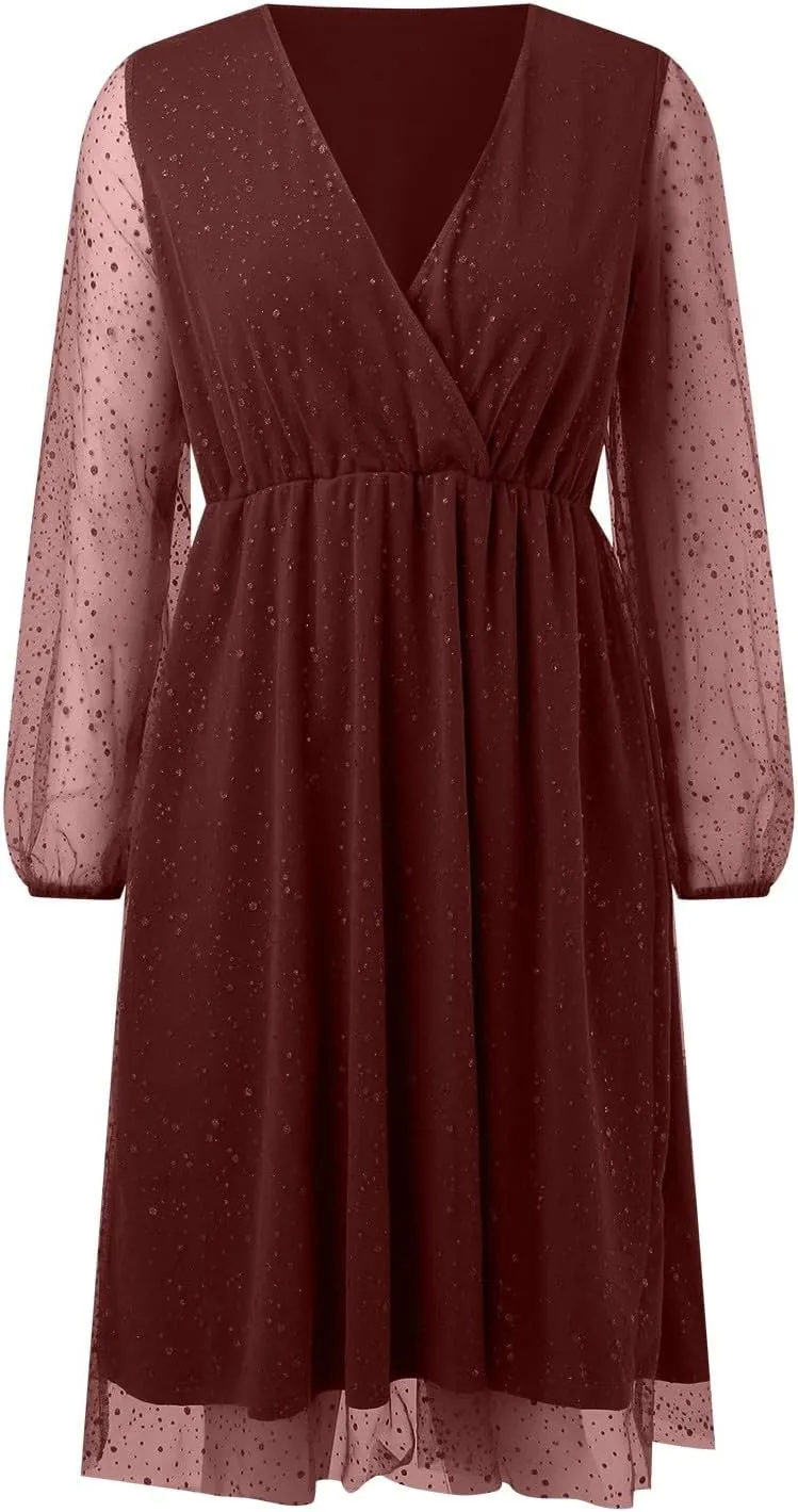 Womens Plus Size Lace Midi Dress V Neck Wrap Long Sleeve Flowy A line Cocktail Dresses for Wedding Guest