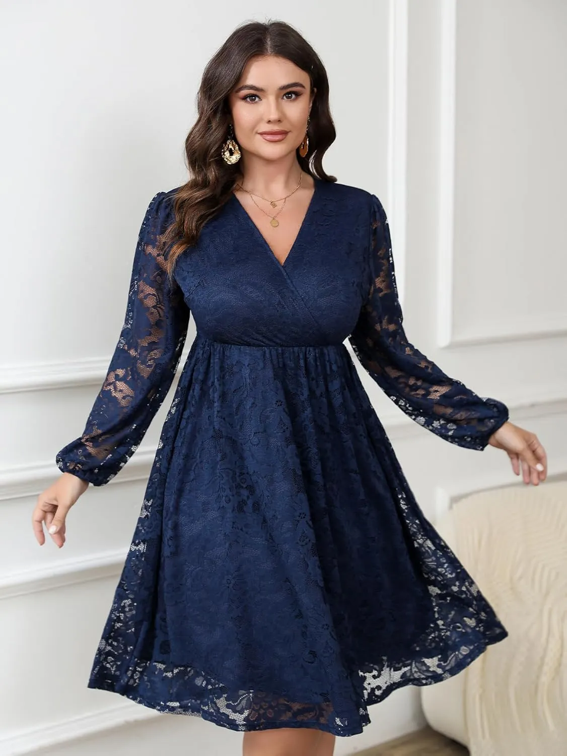 Womens Plus Size Lace Midi Dress V Neck Wrap Long Sleeve Flowy A line Cocktail Dresses for Wedding Guest
