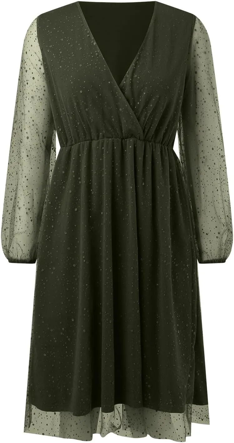 Womens Plus Size Lace Midi Dress V Neck Wrap Long Sleeve Flowy A line Cocktail Dresses for Wedding Guest