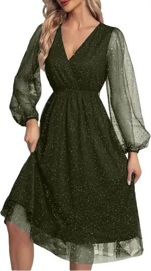 Womens Plus Size Lace Midi Dress V Neck Wrap Long Sleeve Flowy A line Cocktail Dresses for Wedding Guest