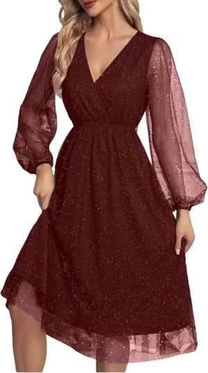 Womens Plus Size Lace Midi Dress V Neck Wrap Long Sleeve Flowy A line Cocktail Dresses for Wedding Guest