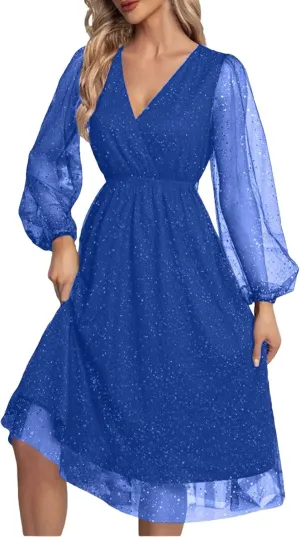 Womens Plus Size Lace Midi Dress V Neck Wrap Long Sleeve Flowy A line Cocktail Dresses for Wedding Guest