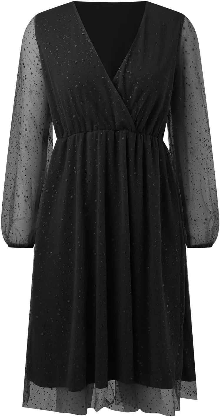 Womens Plus Size Lace Midi Dress V Neck Wrap Long Sleeve Flowy A line Cocktail Dresses for Wedding Guest