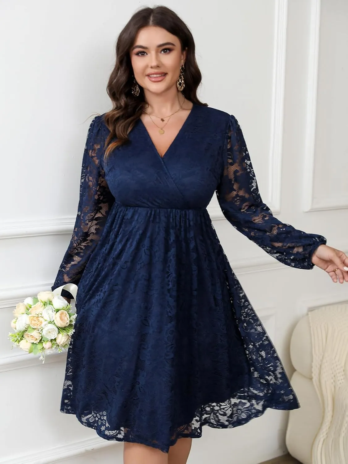 Womens Plus Size Lace Midi Dress V Neck Wrap Long Sleeve Flowy A line Cocktail Dresses for Wedding Guest