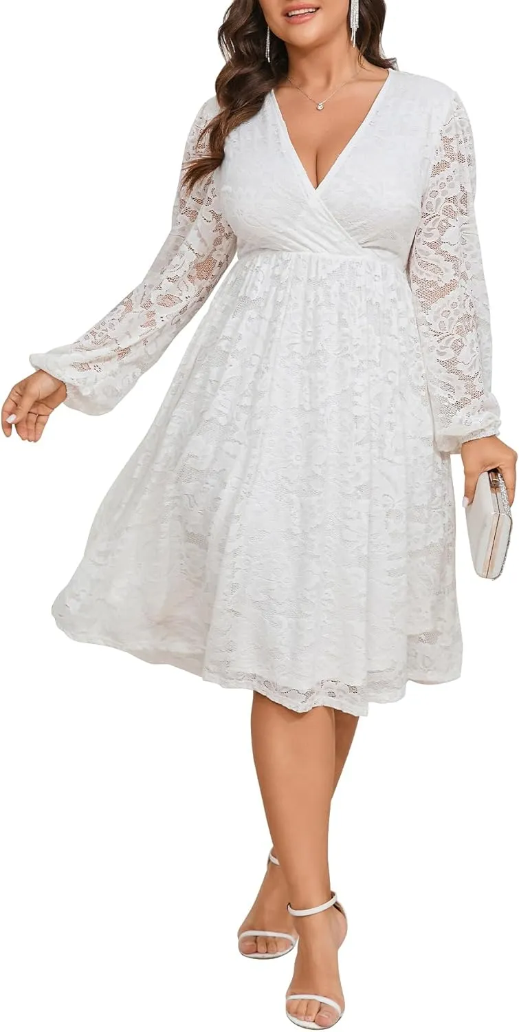 Womens Plus Size Lace Midi Dress V Neck Wrap Long Sleeve Flowy A line Cocktail Dresses for Wedding Guest