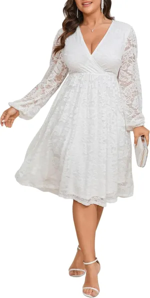 Womens Plus Size Lace Midi Dress V Neck Wrap Long Sleeve Flowy A line Cocktail Dresses for Wedding Guest