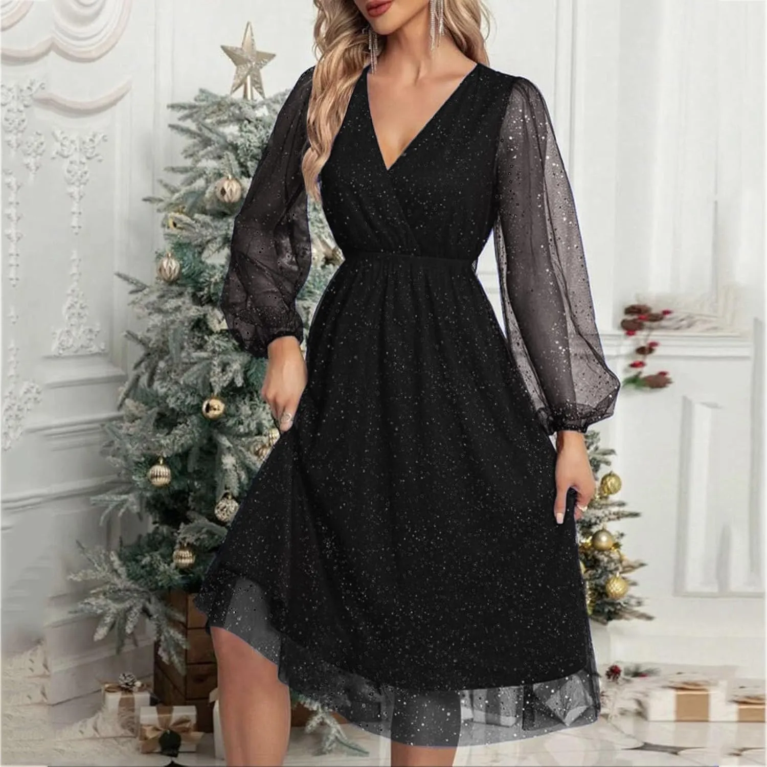 Womens Plus Size Lace Midi Dress V Neck Wrap Long Sleeve Flowy A line Cocktail Dresses for Wedding Guest
