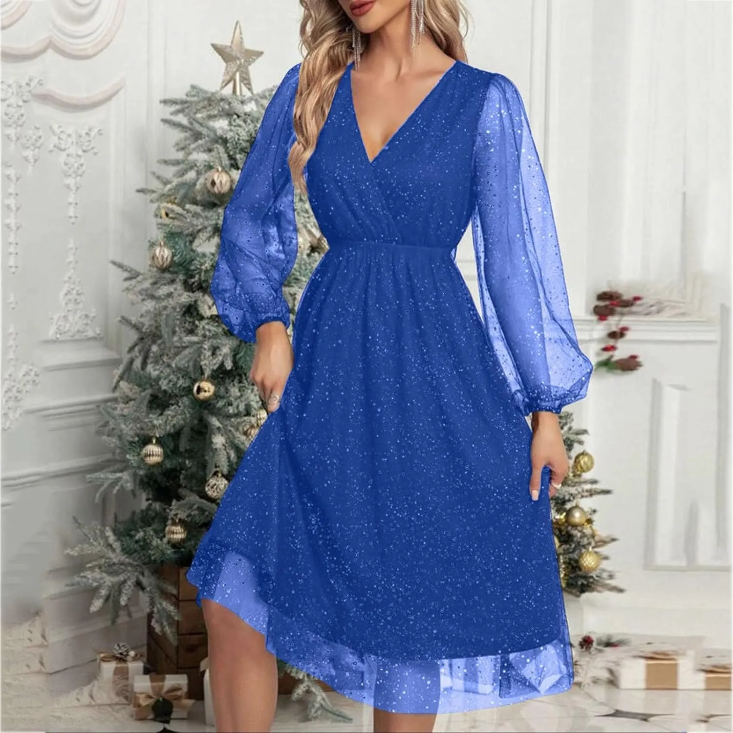 Womens Plus Size Lace Midi Dress V Neck Wrap Long Sleeve Flowy A line Cocktail Dresses for Wedding Guest