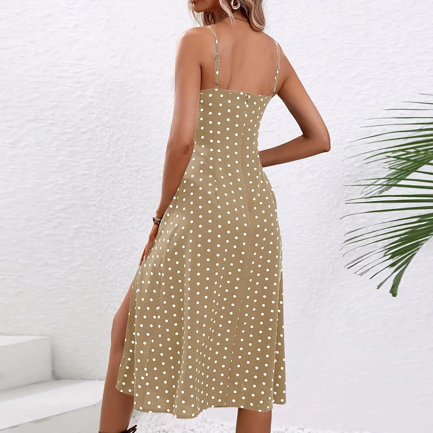 Womens Polka Dot High Split Midi Dresses Square Neck Spaghetti Strap Tie Halter Dress Summer Beach Y2k Sun Dresses