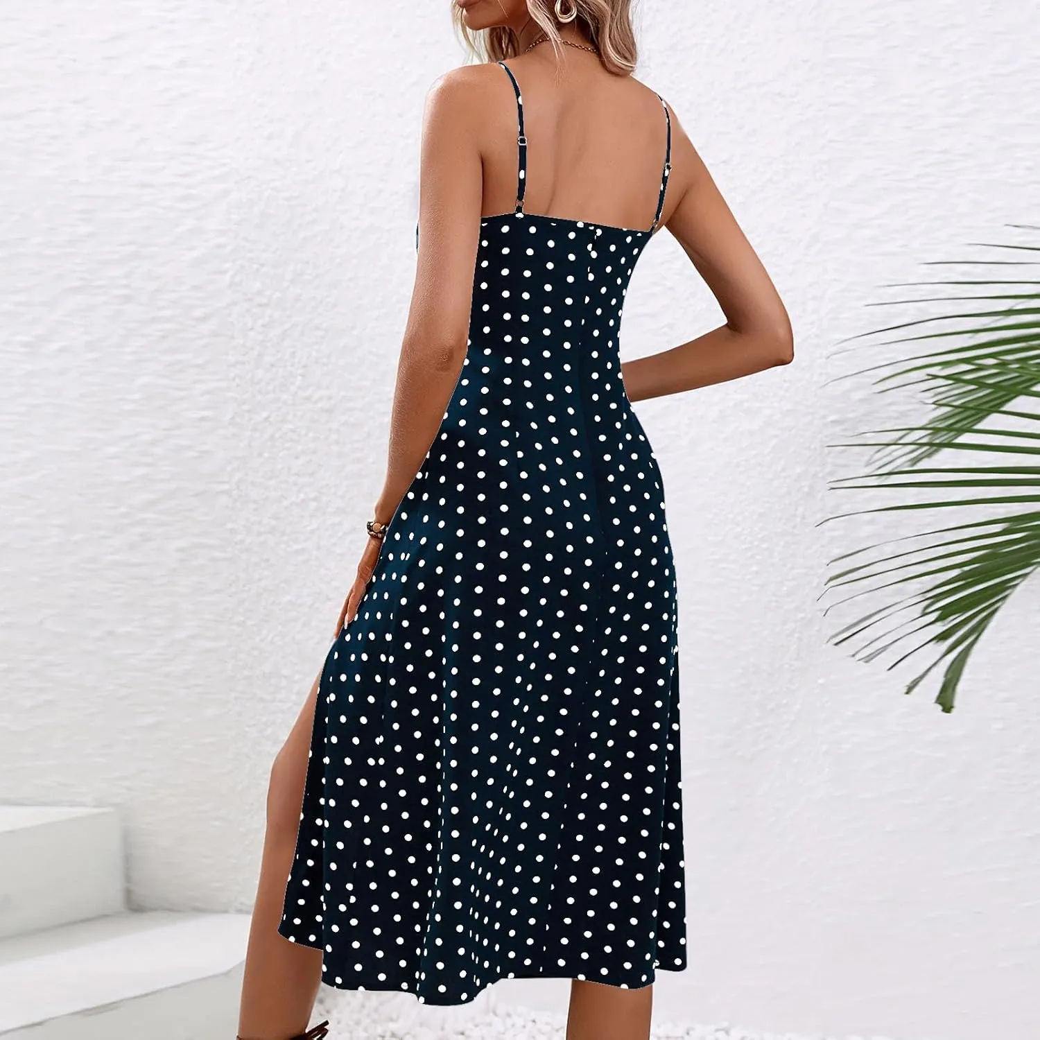 Womens Polka Dot High Split Midi Dresses Square Neck Spaghetti Strap Tie Halter Dress Summer Beach Y2k Sun Dresses