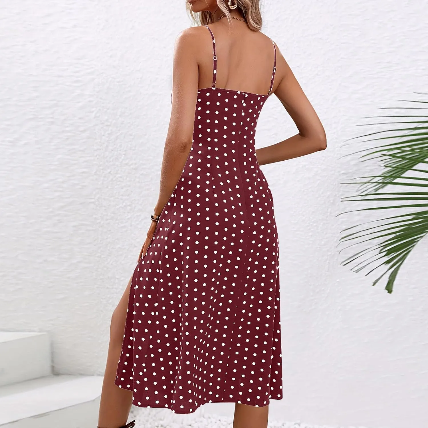 Womens Polka Dot High Split Midi Dresses Square Neck Spaghetti Strap Tie Halter Dress Summer Beach Y2k Sun Dresses