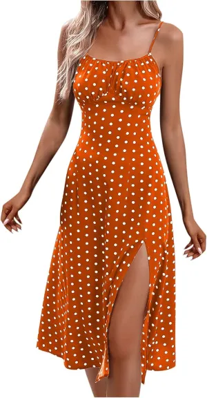 Womens Polka Dot High Split Midi Dresses Square Neck Spaghetti Strap Tie Halter Dress Summer Beach Y2k Sun Dresses