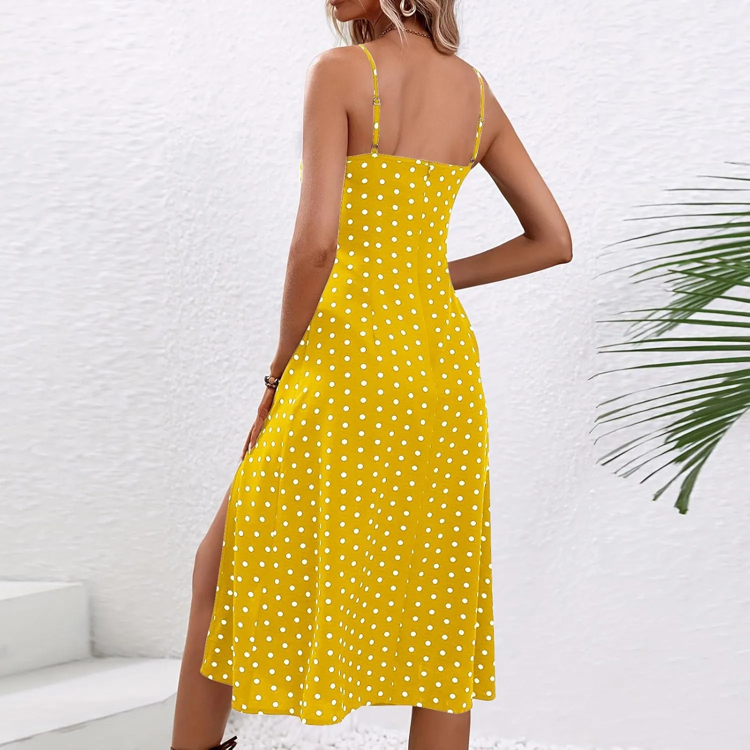 Womens Polka Dot High Split Midi Dresses Square Neck Spaghetti Strap Tie Halter Dress Summer Beach Y2k Sun Dresses
