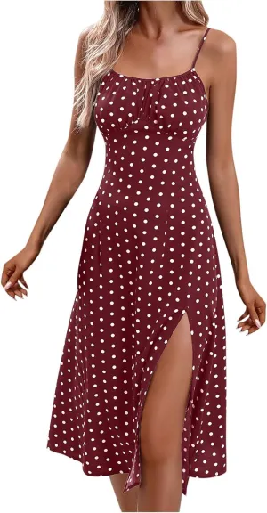 Womens Polka Dot High Split Midi Dresses Square Neck Spaghetti Strap Tie Halter Dress Summer Beach Y2k Sun Dresses