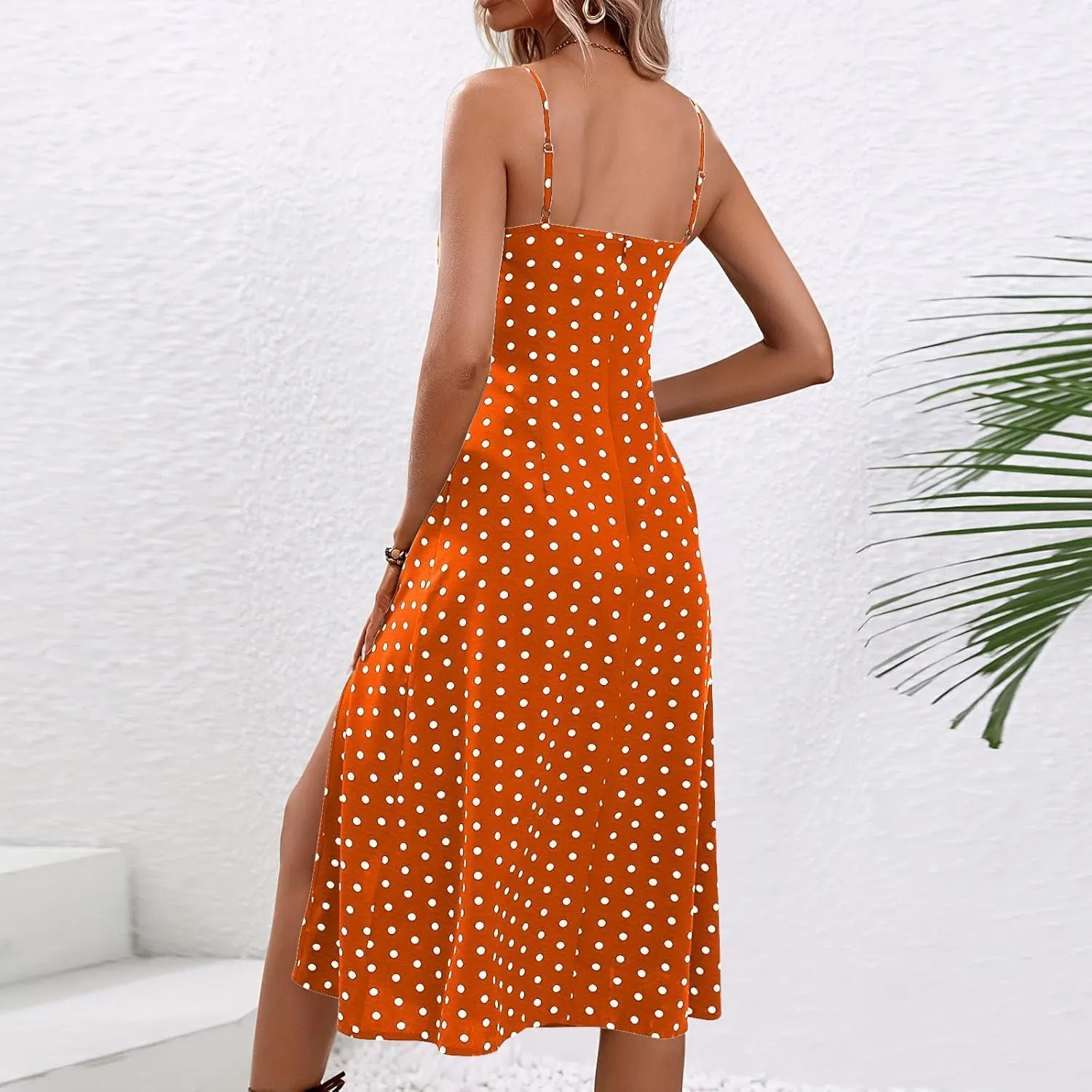 Womens Polka Dot High Split Midi Dresses Square Neck Spaghetti Strap Tie Halter Dress Summer Beach Y2k Sun Dresses