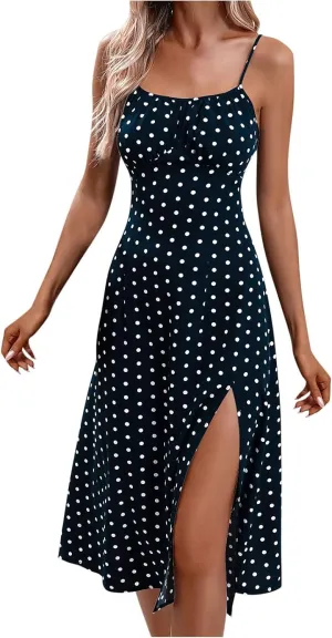 Womens Polka Dot High Split Midi Dresses Square Neck Spaghetti Strap Tie Halter Dress Summer Beach Y2k Sun Dresses