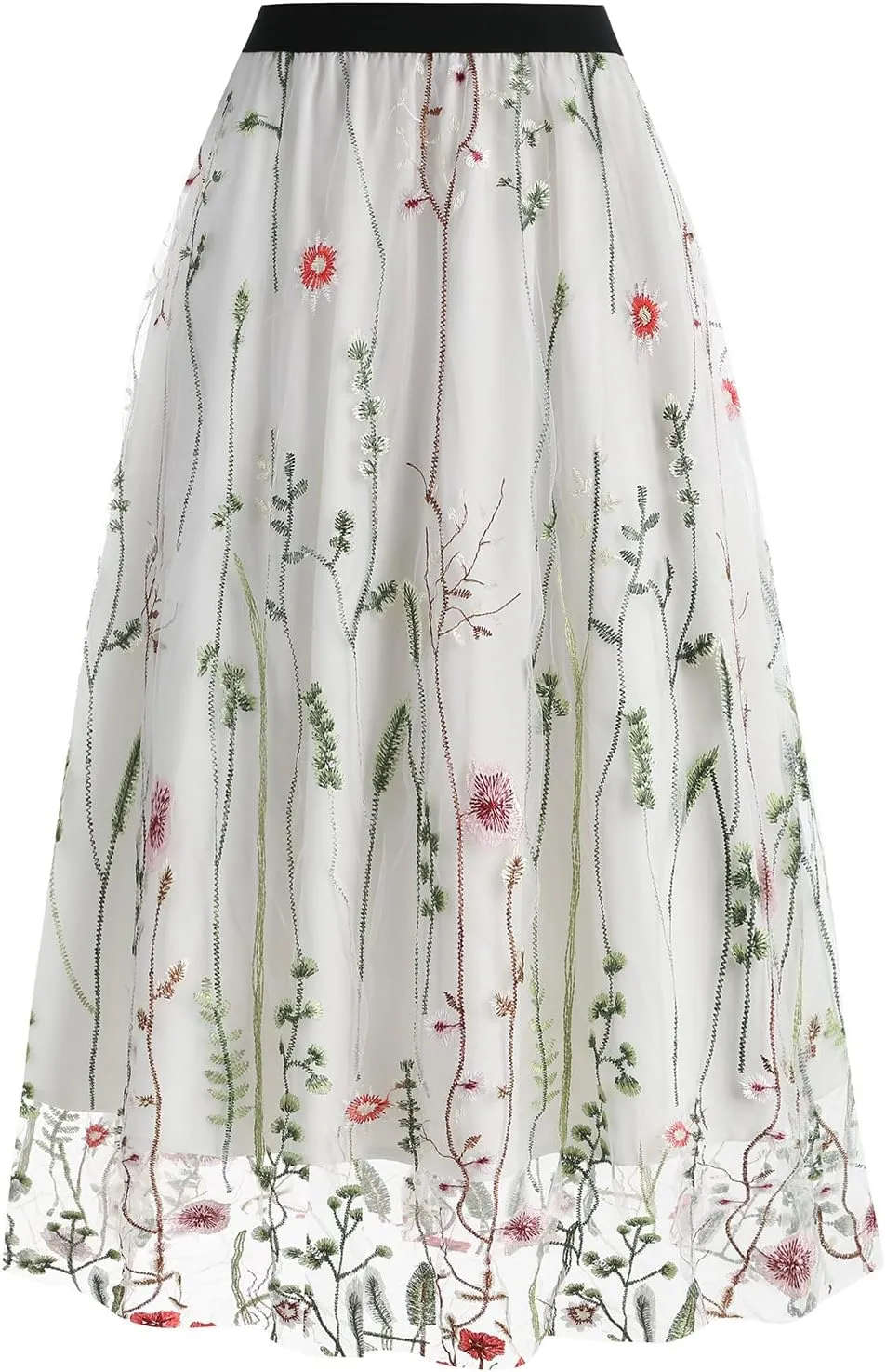 Women's Retro 50s Vintage 1950s Floral Tulle Embroidery Flared A-Line Pleated Midi Skirts