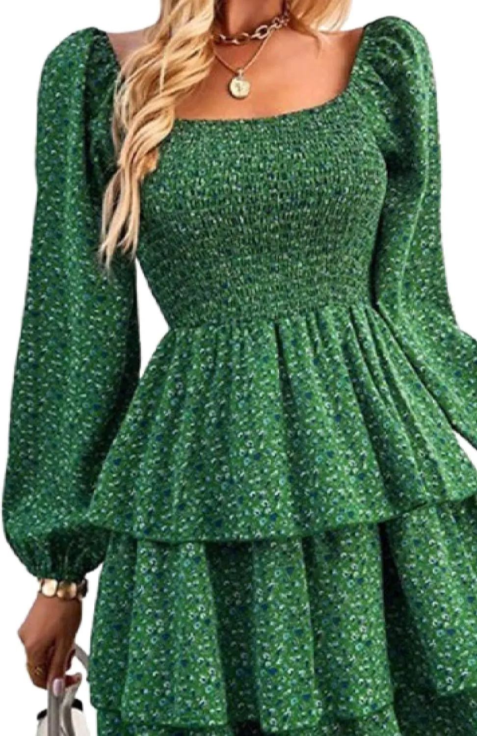Womens Ruffle Mini Dress Long Puff Sleeve Floral Square Neck Pleated A-Line Dress Casual Spring Layered Swing Dresses