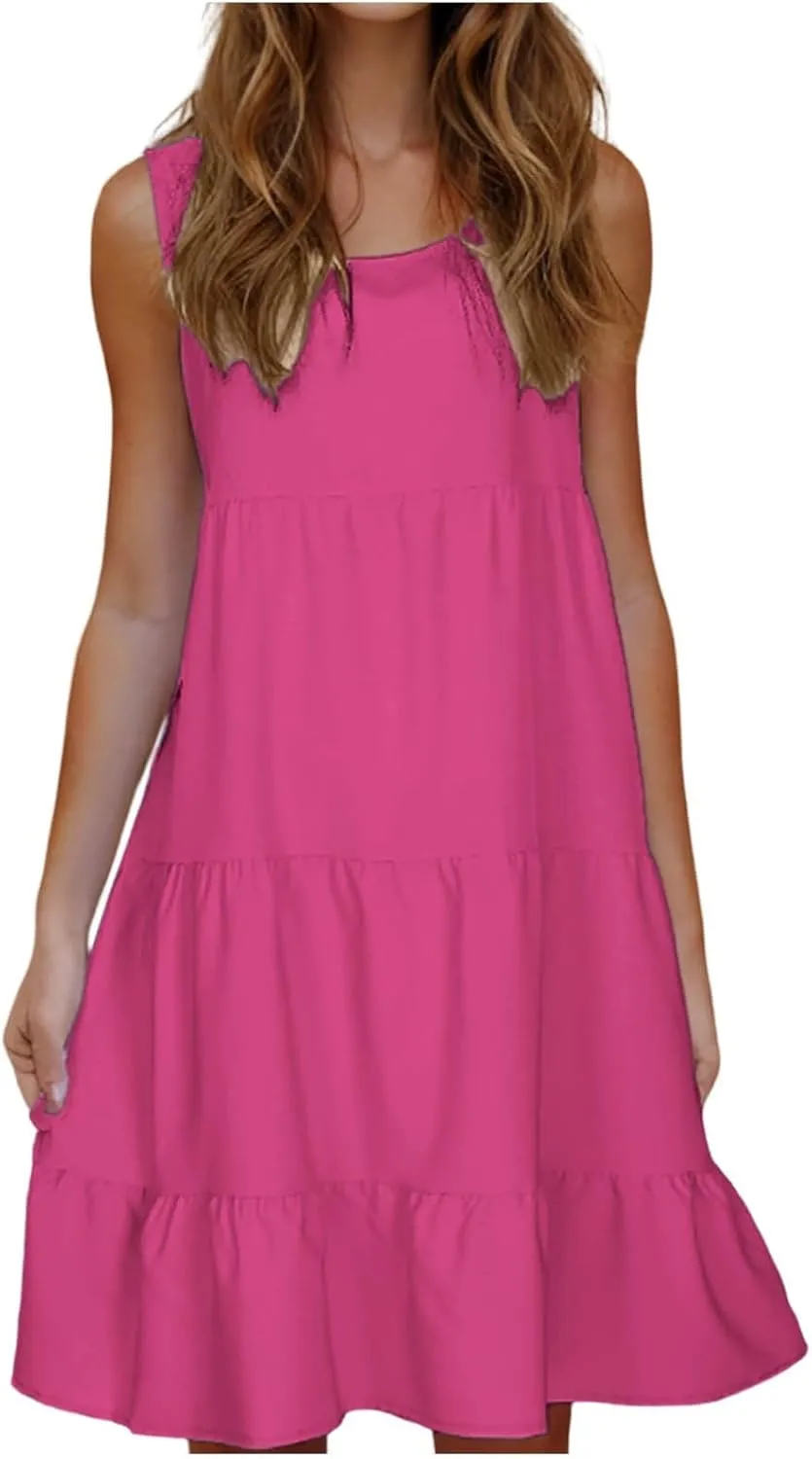 Womens Ruffle Tiered Swing Dresses Sleeveless Boho Tank Sundress Summer Casual A Line Mini Dress for Beach Vacation