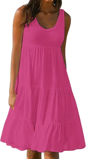 Womens Ruffle Tiered Swing Dresses Sleeveless Boho Tank Sundress Summer Casual A Line Mini Dress for Beach Vacation