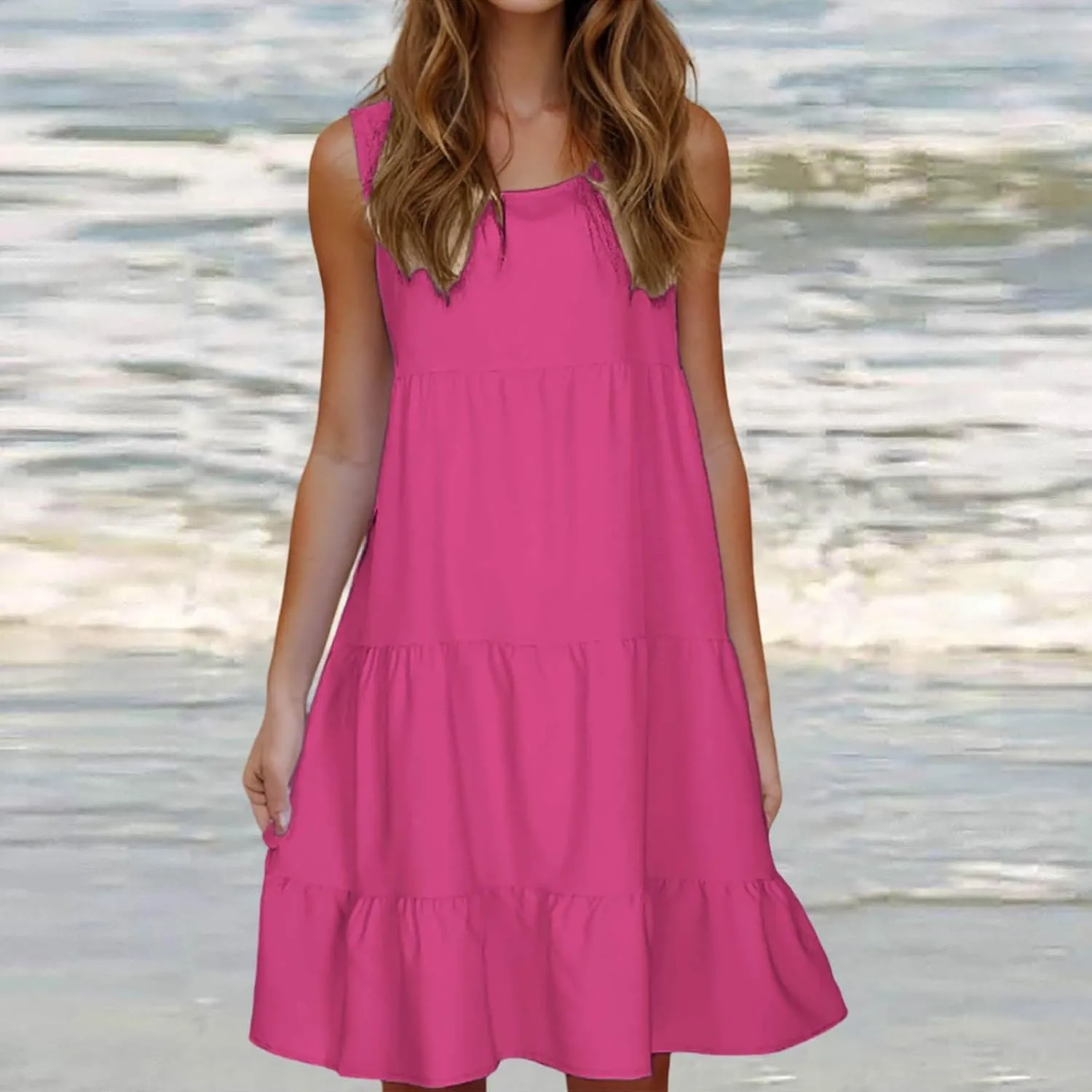 Womens Ruffle Tiered Swing Dresses Sleeveless Boho Tank Sundress Summer Casual A Line Mini Dress for Beach Vacation
