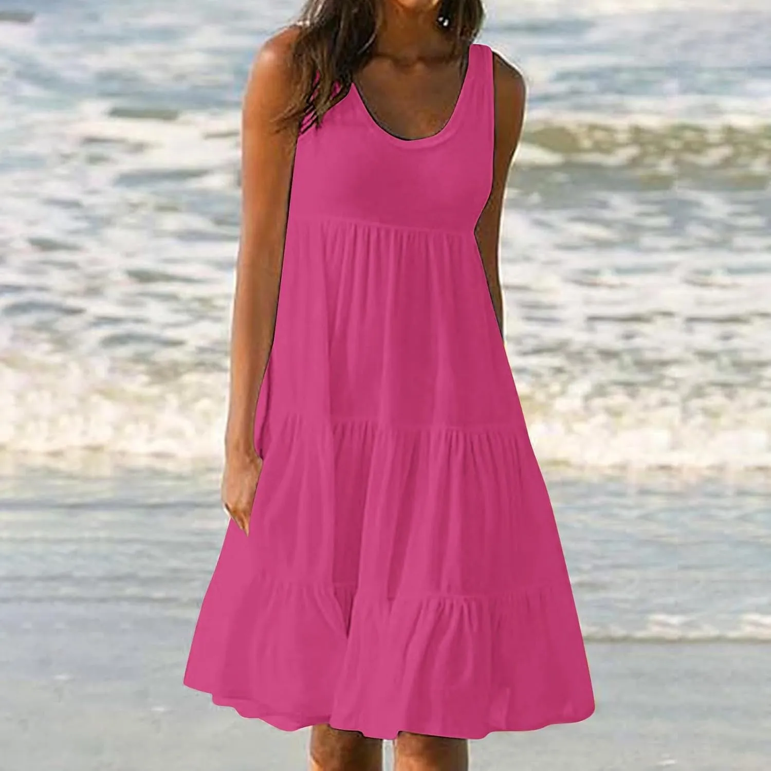 Womens Ruffle Tiered Swing Dresses Sleeveless Boho Tank Sundress Summer Casual A Line Mini Dress for Beach Vacation