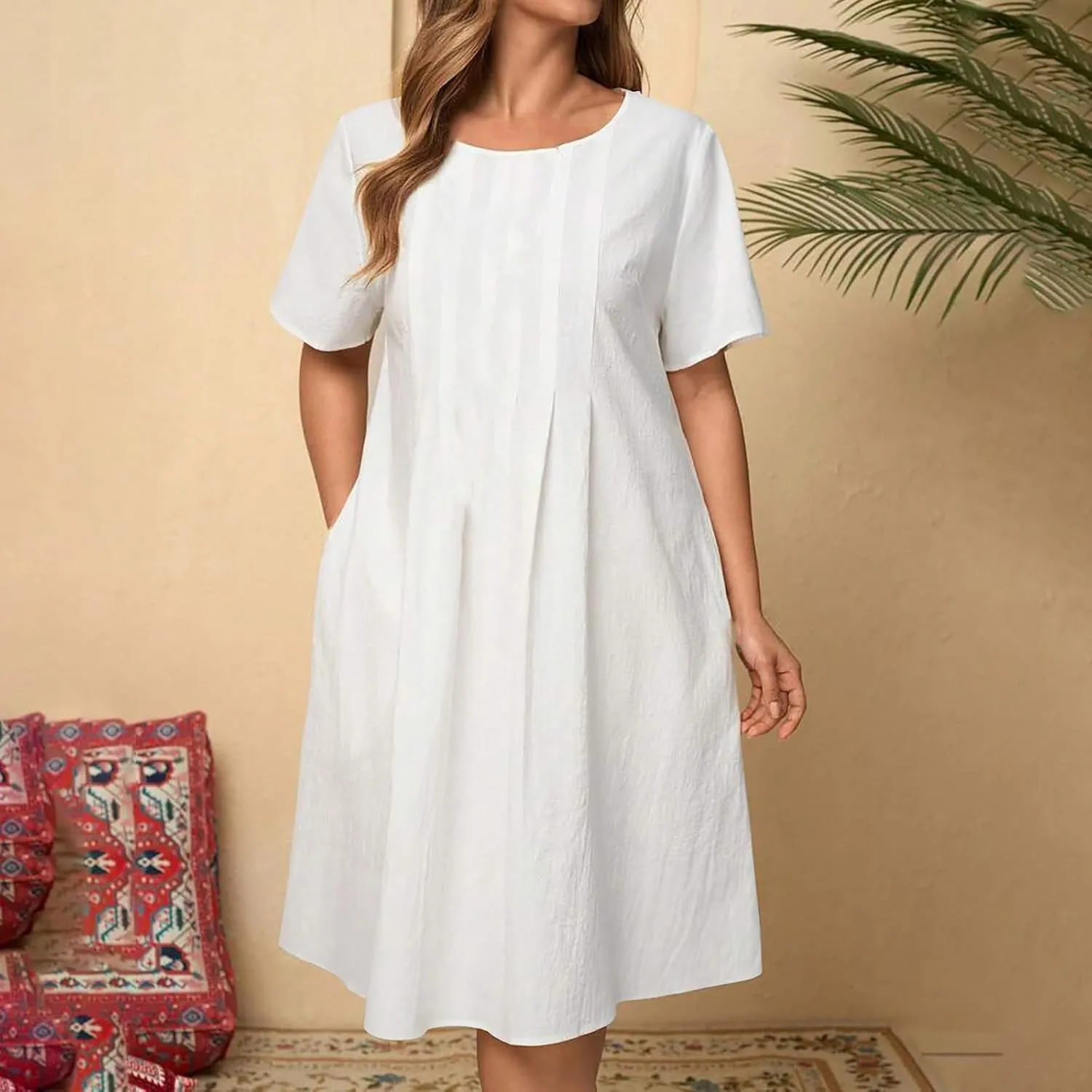Women's Short Sleeve Swing Midi Dress Flowy Crewneck Plus Size Casual Loose Beach Vacation Dailywear T-Shirt Dress