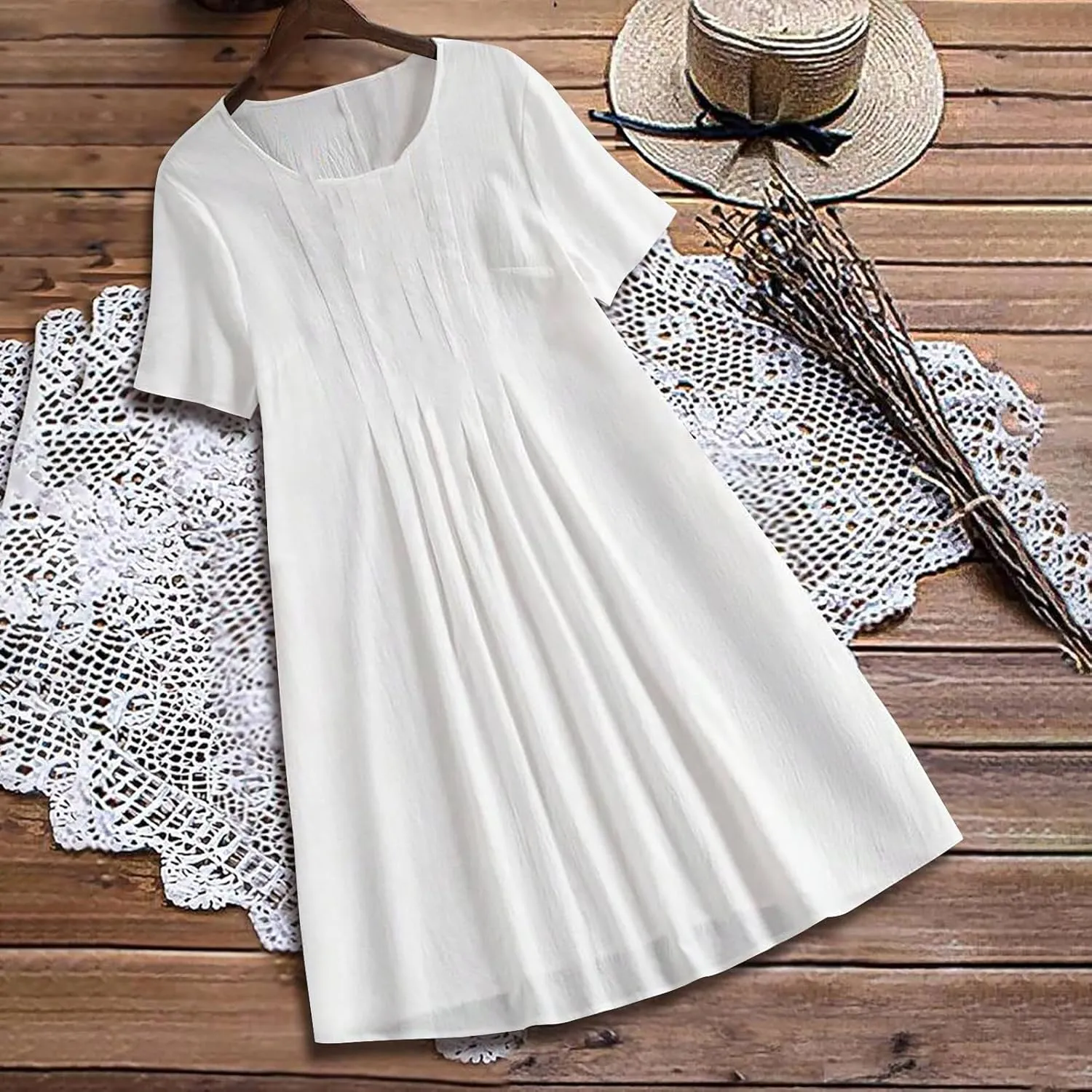 Women's Short Sleeve Swing Midi Dress Flowy Crewneck Plus Size Casual Loose Beach Vacation Dailywear T-Shirt Dress