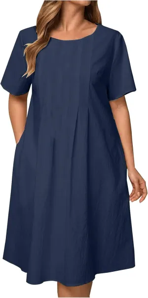 Women's Short Sleeve Swing Midi Dress Flowy Crewneck Plus Size Casual Loose Beach Vacation Dailywear T-Shirt Dress