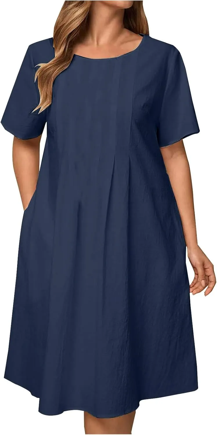 Women's Short Sleeve Swing Midi Dress Flowy Crewneck Plus Size Casual Loose Beach Vacation Dailywear T-Shirt Dress