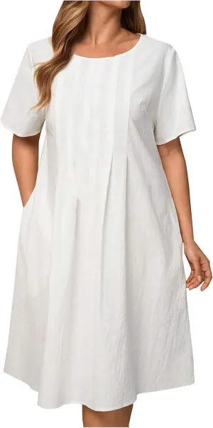 Women's Short Sleeve Swing Midi Dress Flowy Crewneck Plus Size Casual Loose Beach Vacation Dailywear T-Shirt Dress