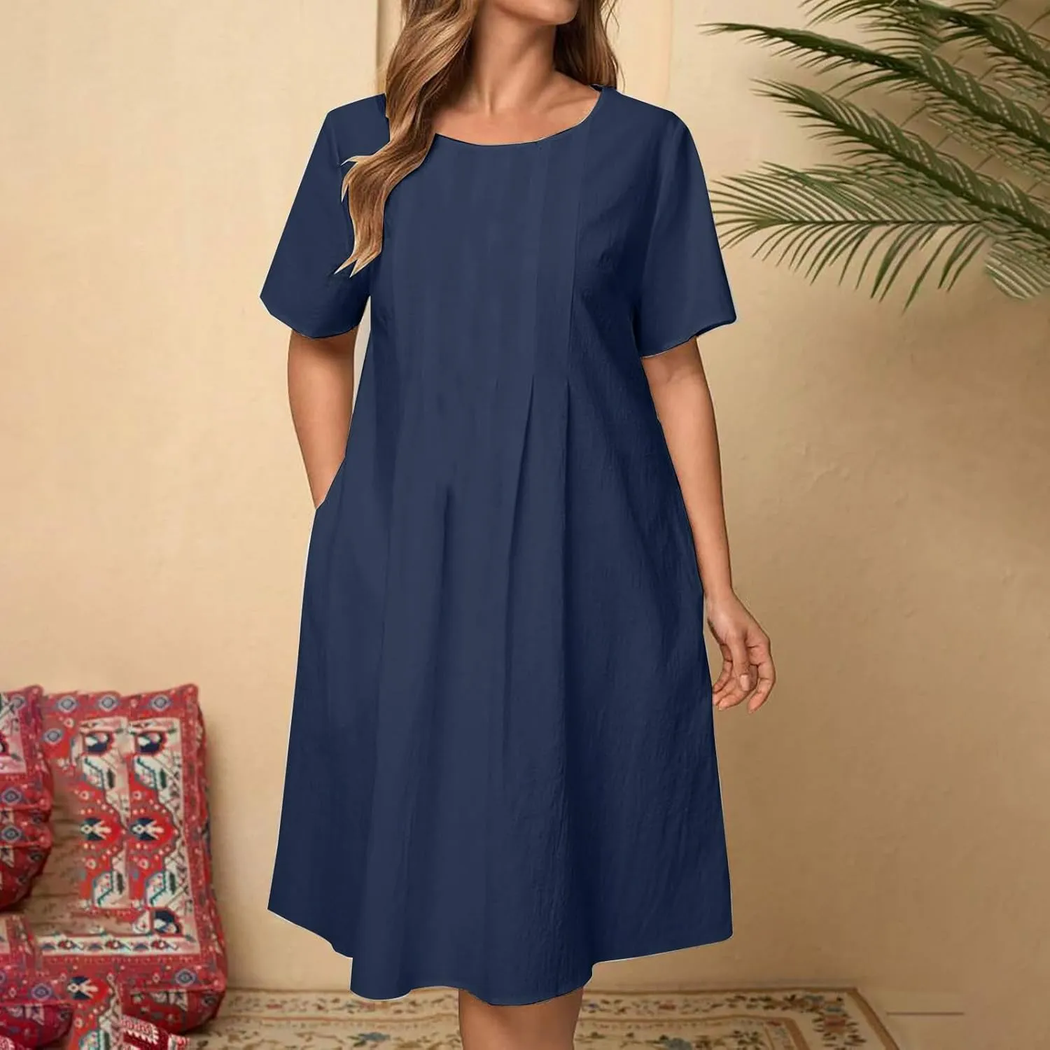 Women's Short Sleeve Swing Midi Dress Flowy Crewneck Plus Size Casual Loose Beach Vacation Dailywear T-Shirt Dress