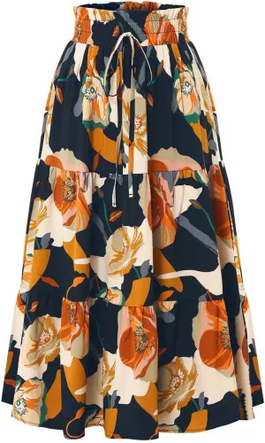 Womens Skirt Summer Casual Floral Print Midi Pleated Long Skirts High Waisted A Line Flowy Swing Beach Maxi Skirt
