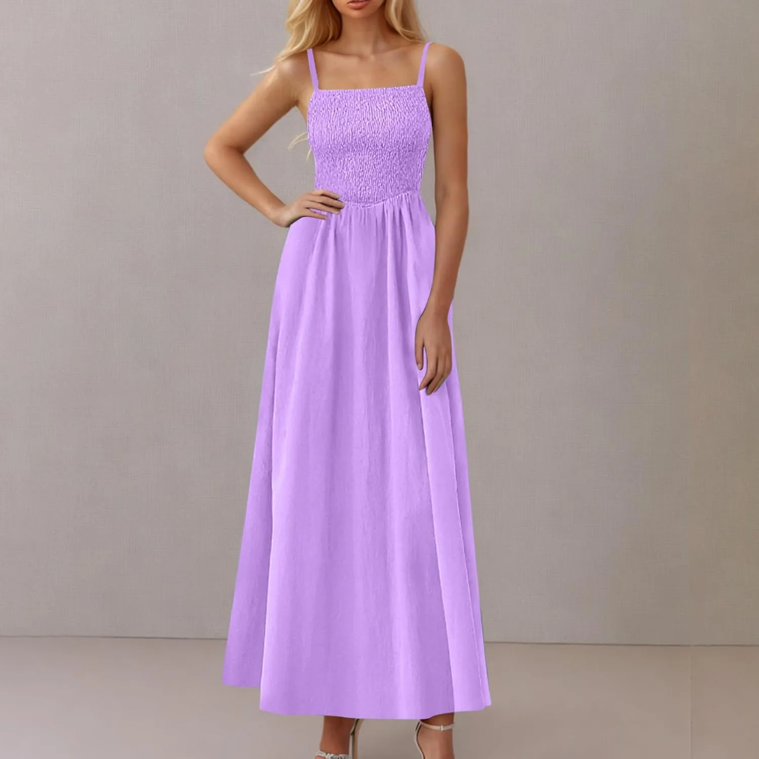 Womens Spaghetti Strap Maxi Dresses Sexy Summer Casual Sleeveless Smocked Boho A Line Long Flowy Swing Beach Sundress