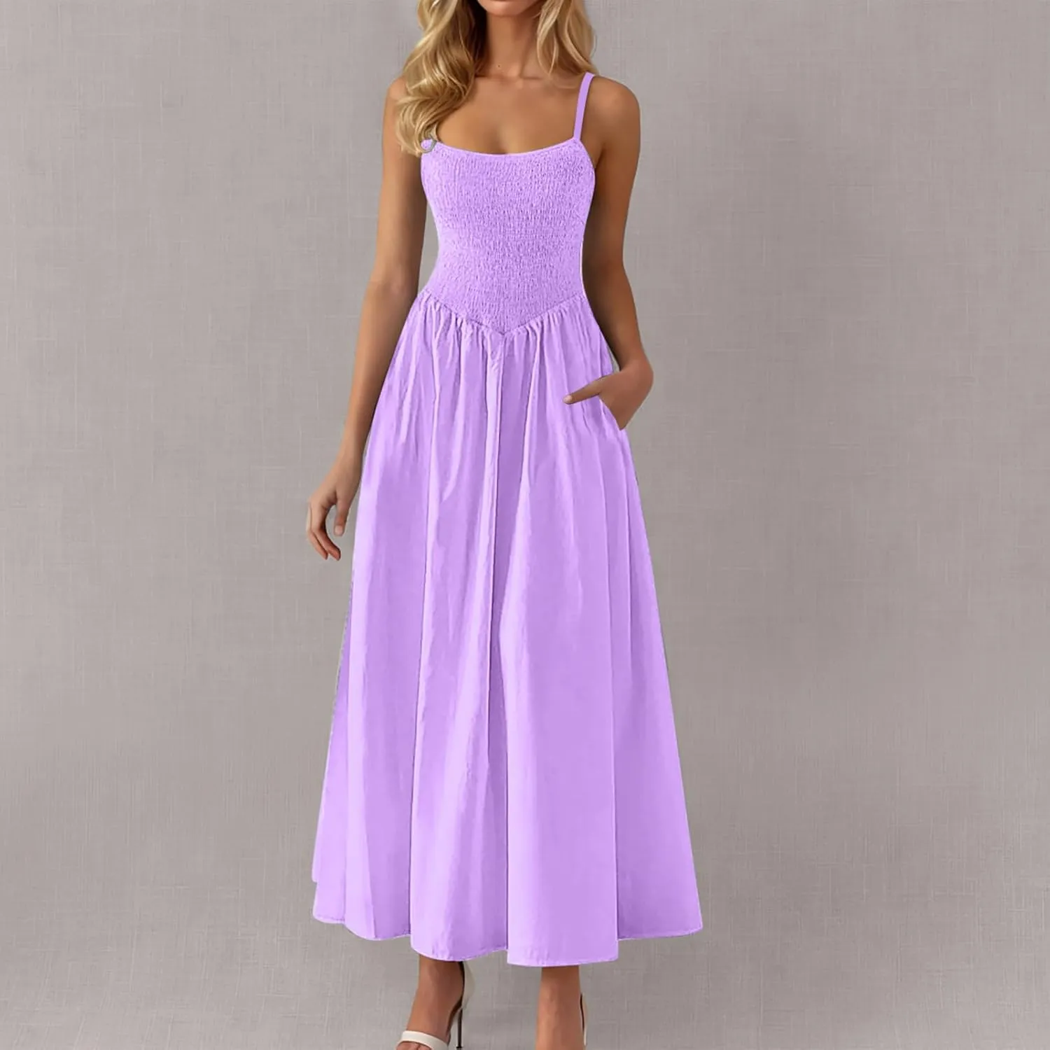 Womens Spaghetti Strap Maxi Dresses Sexy Summer Casual Sleeveless Smocked Boho A Line Long Flowy Swing Beach Sundress