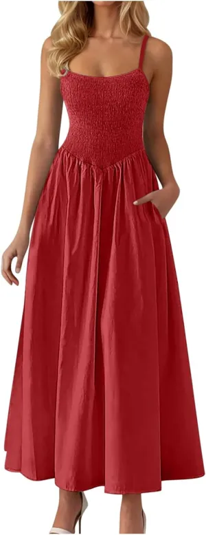 Womens Spaghetti Strap Maxi Dresses Sexy Summer Casual Sleeveless Smocked Boho A Line Long Flowy Swing Beach Sundress
