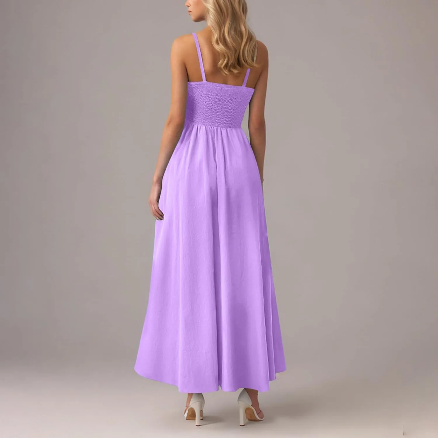Womens Spaghetti Strap Maxi Dresses Sexy Summer Casual Sleeveless Smocked Boho A Line Long Flowy Swing Beach Sundress