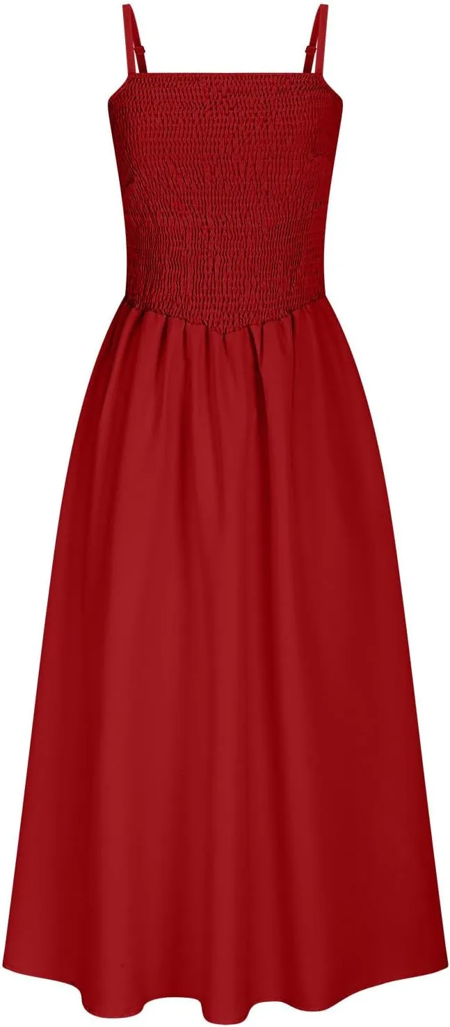 Womens Spaghetti Strap Maxi Dresses Sexy Summer Casual Sleeveless Smocked Boho A Line Long Flowy Swing Beach Sundress