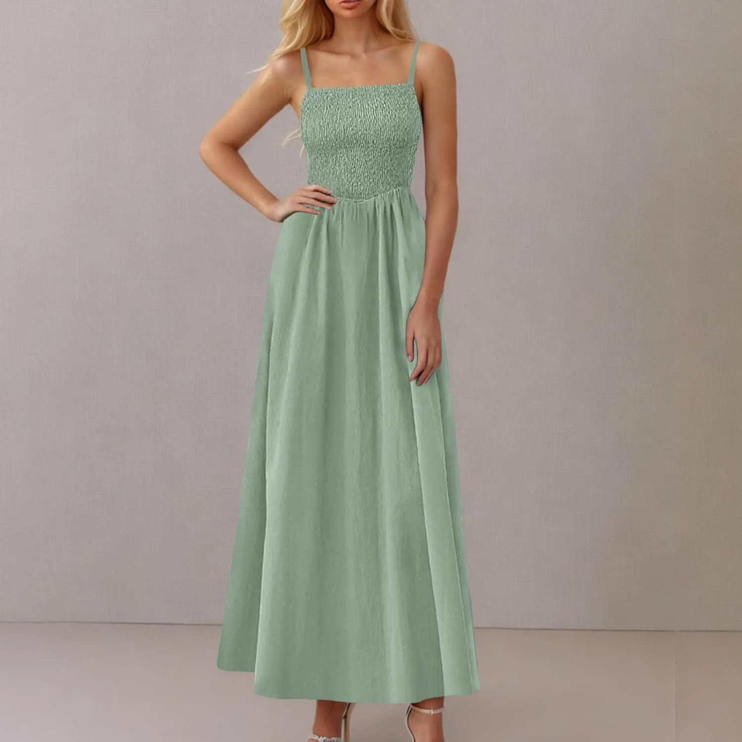 Womens Spaghetti Strap Maxi Dresses Sexy Summer Casual Sleeveless Smocked Boho A Line Long Flowy Swing Beach Sundress