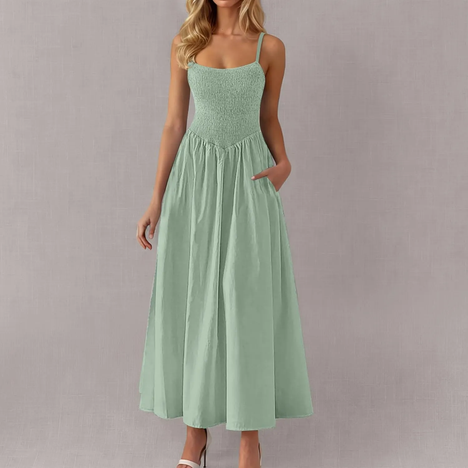 Womens Spaghetti Strap Maxi Dresses Sexy Summer Casual Sleeveless Smocked Boho A Line Long Flowy Swing Beach Sundress